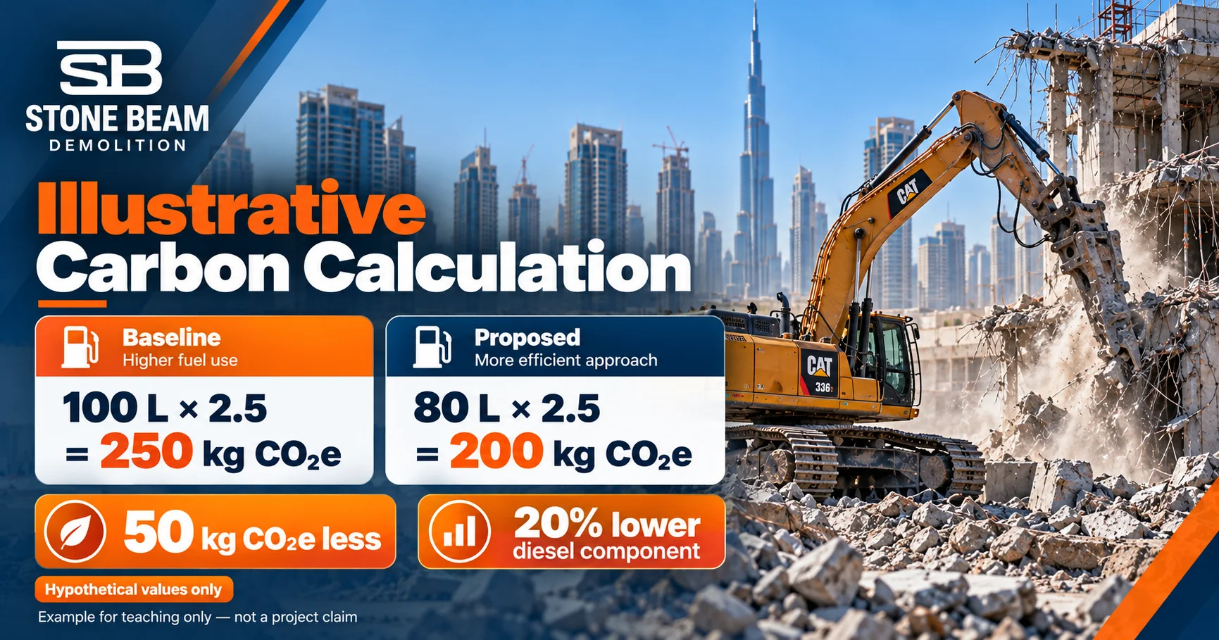 Hypothetical demolition carbon calculation comparing baseline and proposed diesel consumption and calculated CO2e