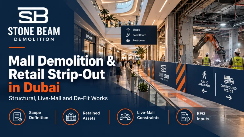 Mall demolition and retail strip-out planning in Dubai with retained assets and live-mall constraints