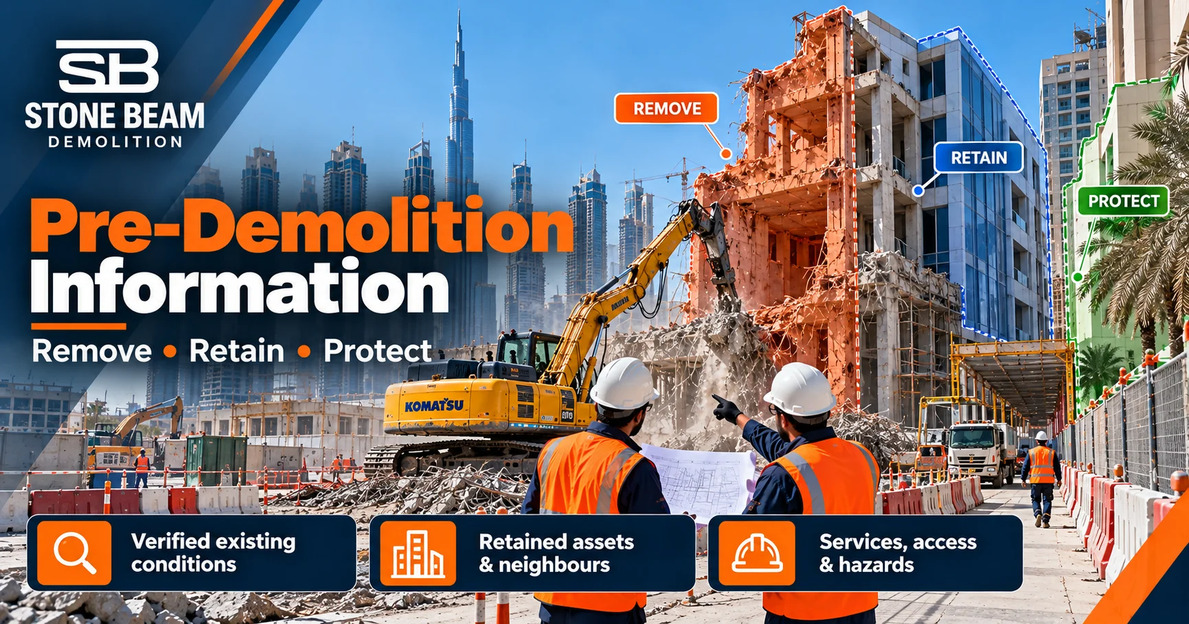 Pre-demolition review in Dubai identifying elements to remove, retain and protect before demolition works begin
