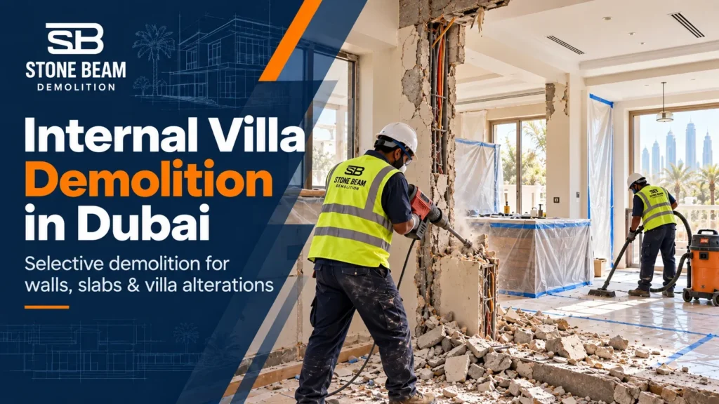 Internal villa demolition in Dubai showing selective wall removal and controlled demolition inside a villa