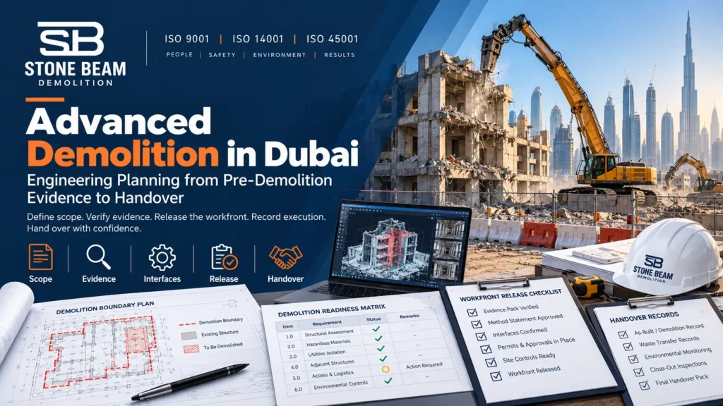 Advanced demolition planning in Dubai showing scope, evidence, workfront readiness and handover