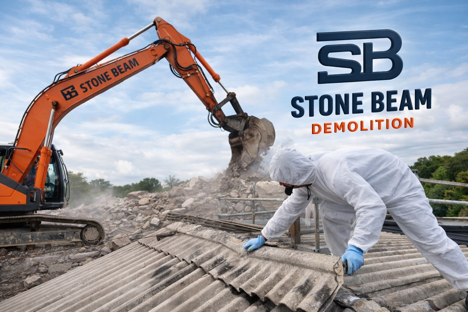 إزالة الأسبستوس عامل في شركة ستون بيم يرتدي بدلة واقية ويقوم بإزالة ألواح التسقيف المحتوية على الأسبستوس خلال عملية هدم خاضعة للرقابة.