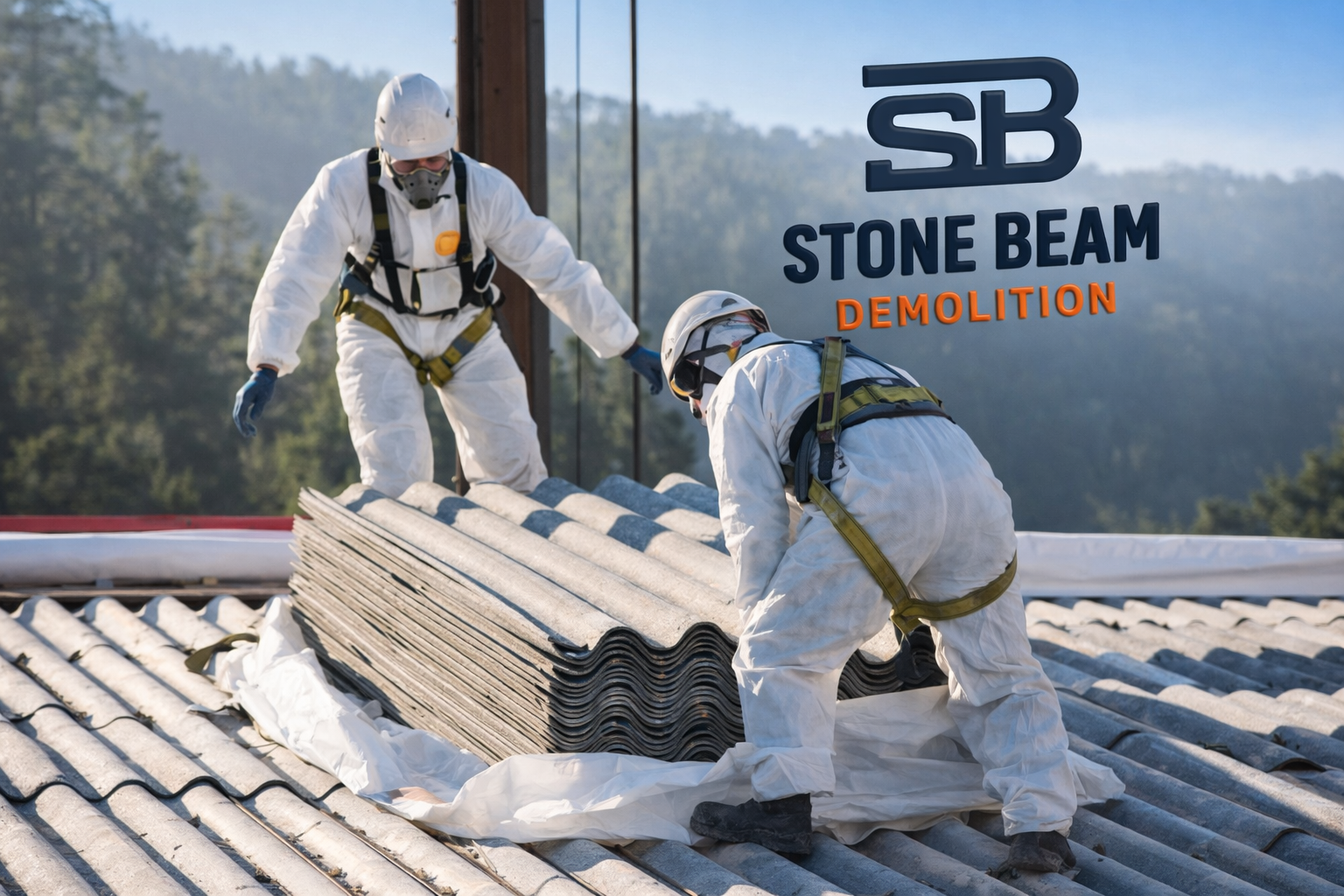 إزالة الأسبستوس عمال هدم معتمدون من ستون بيم يزيلون ألواح الأسقف المصنوعة من الأسبستوس باستخدام معدات حماية كاملة وأحزمة أمان أثناء أعمال الهدم الخاضعة للرقابة.