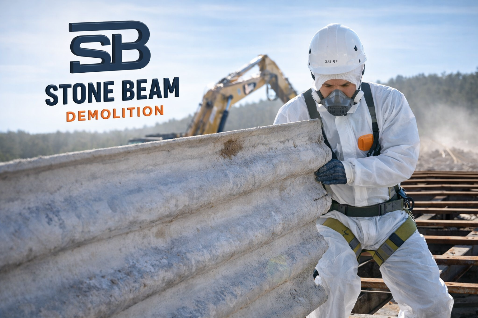 إزالة الأسبستوس عامل في شركة ستون بيم يرتدي بدلة واقية وجهاز تنفس صناعي يزيل ألواح الأسقف المصنوعة من الأسبستوس خلال عملية هدم خاضعة للرقابة.