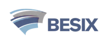 الصفحة الرئيسية شعار مجموعة BESIX بأشكال تجريدية باللونين الأحمر والأزرق ونص بخط عريض.