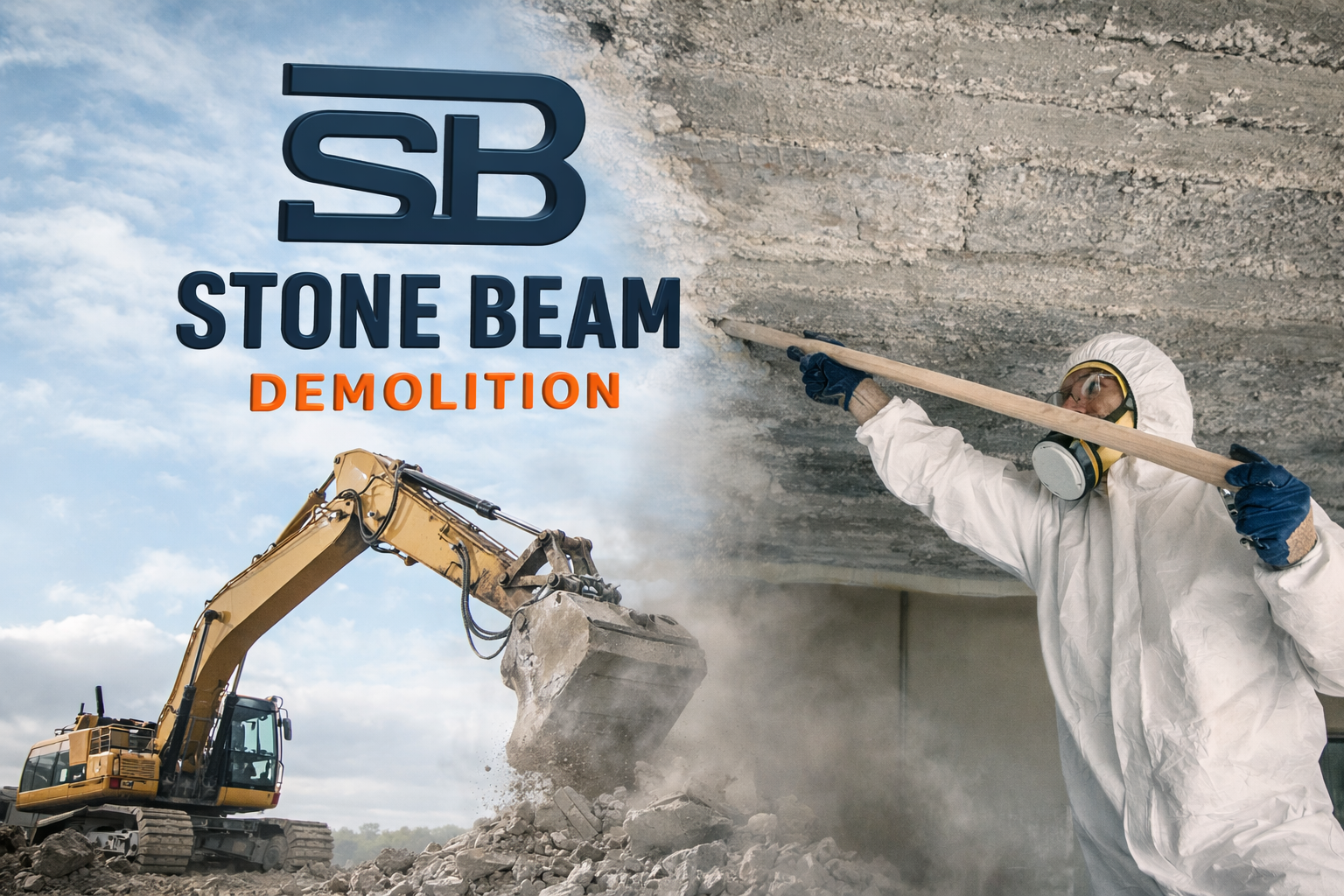 إزالة الأسبستوس عامل في ستون بيم يرتدي بدلة واقية يقوم بإزالة الخرسانة يدويًا بينما تقوم الحفارة بهدم متحكم فيه في الموقع.
