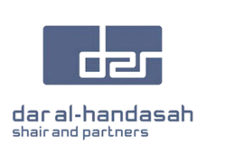 الصفحة الرئيسية شعار دار الهندسة بشعار هندسي بلون أزرق مخضر وخطوط حديثة.