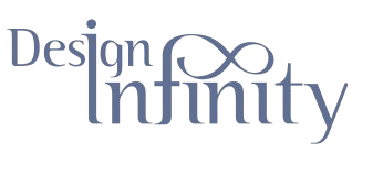 الصفحة الرئيسية شعار ”ديزاين إنفينيتي“ بخطوط أنيقة ورمز اللانهاية.