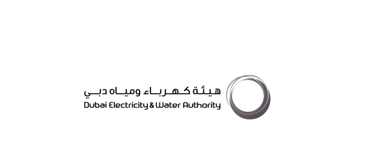 الصفحة الرئيسية شعار هيئة كهرباء ومياه دبي (DEWA) مع حلقة فضية دائرية ونص باللغتين العربية والإنجليزية.