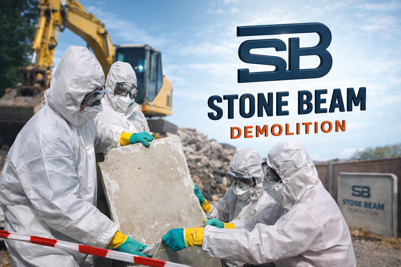 إزالة الأسبستوس عمال هدم ستون بيم يرتدون بدلات واقية كاملة ويتعاملون بأمان مع مواد خرسانية خطرة أثناء عملية هدم مراقبة في موقع البناء.