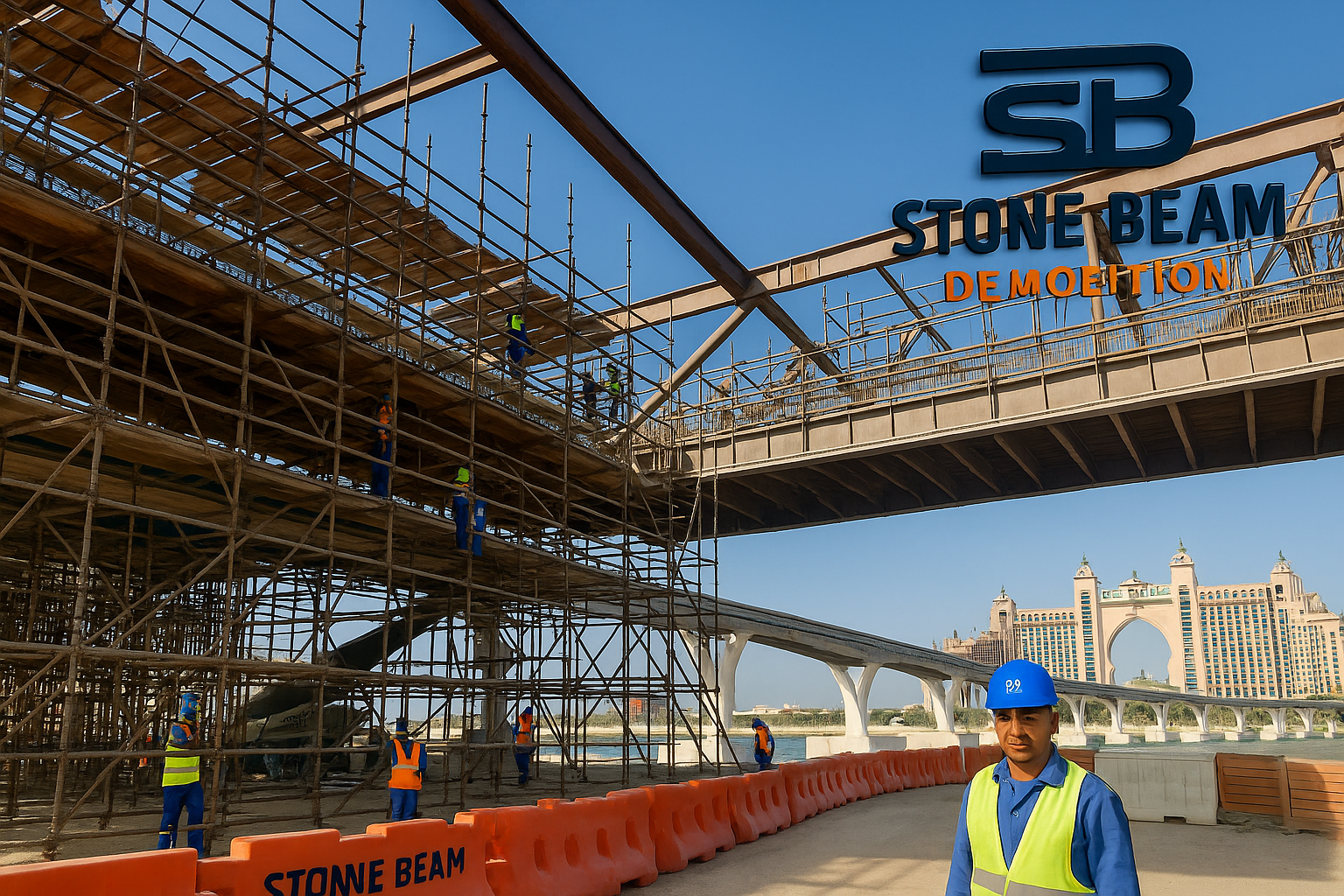 هدم الهياكل الفولاذية موقع هدم الجسور الذي تديره ستون بيم ديموليشن مزود بحواجز أمان وعمال مجهزين بمعدات الحماية الشخصية