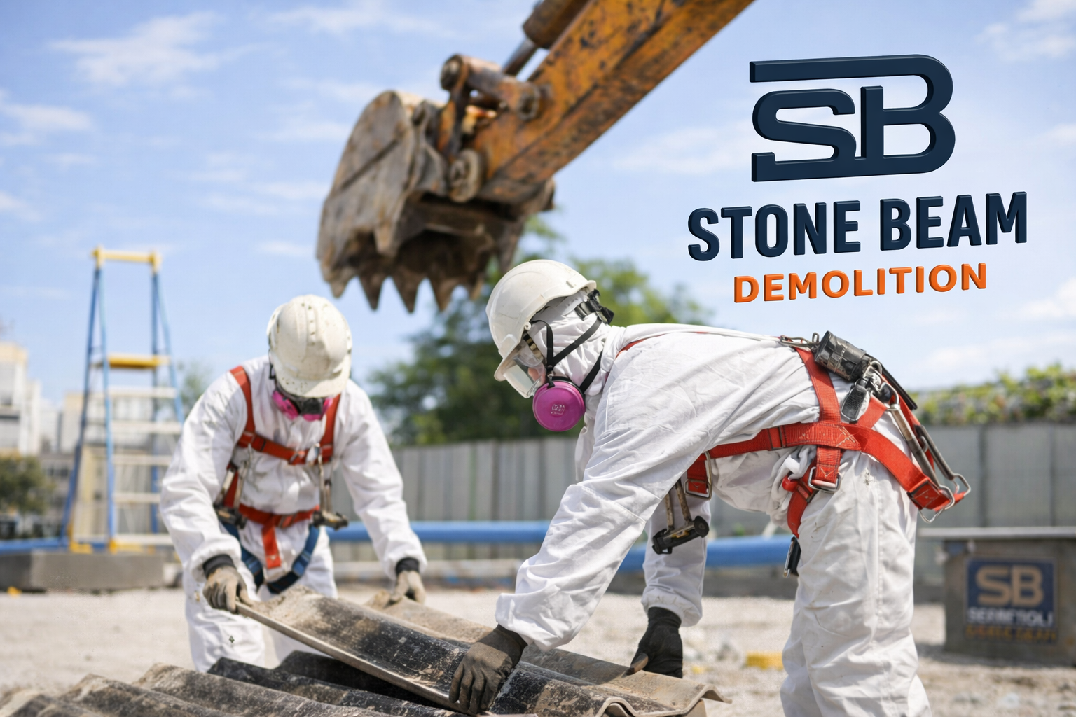 إزالة الأسبستوس عمال شركة ستون بيم يزيلون ألواح الأسقف المصنوعة من الأسبستوس باستخدام معدات واقية كاملة وأحزمة أمان