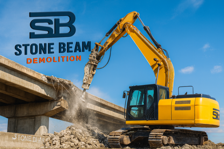 هدم الجسور Stone Beam Demolition excavator breaking reinforced concrete bridge structure during controlled demolition works