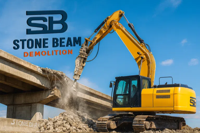 Bridge Demolition Stone Beam Demolition excavator breaking reinforced concrete bridge structure during controlled demolition works