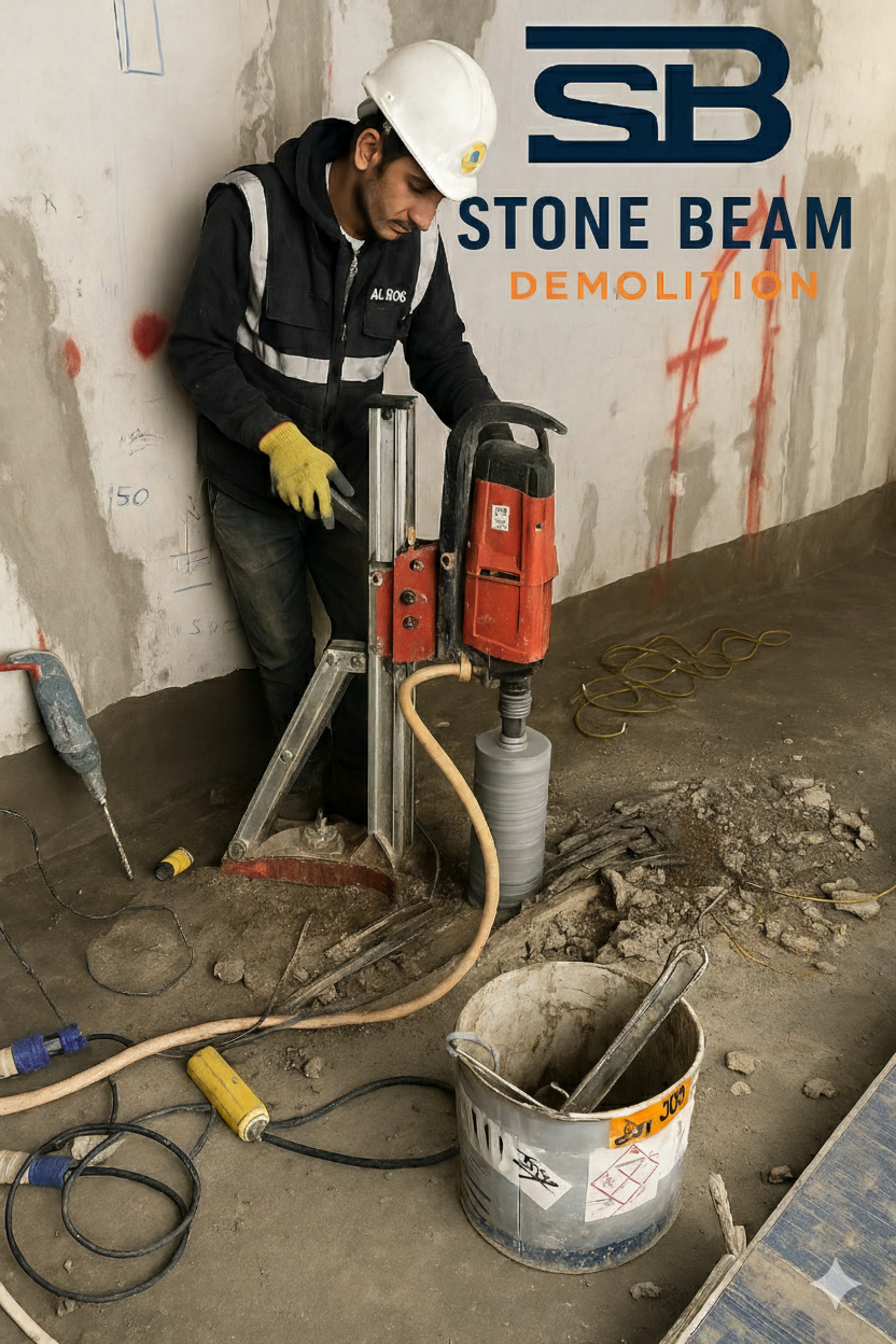 Stone Beam Demolition worker performing concrete core drilling with professional drilling machine