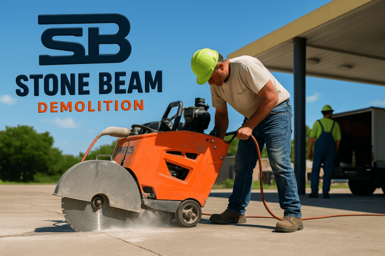 القص الجاف للخرسانة عامل يقوم بقص أرضية خرسانية باستخدام منشار يدوي خلال مشروع لشركة ستون بيم