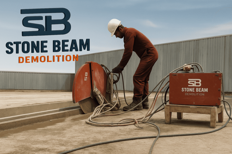 القص الجاف للخرسانة عامل في شركة ستون بيم يقوم بقطع لوح خرساني باستخدام منشار أرضي هيدروليكي في موقع صناعي