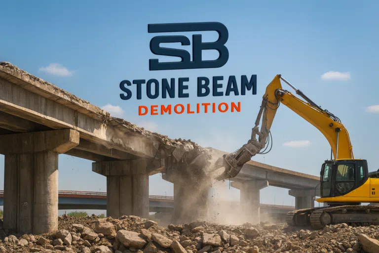 Bridge Demolition Stone Beam Demolition excavator performing controlled concrete bridge demolition on highway infrastructure