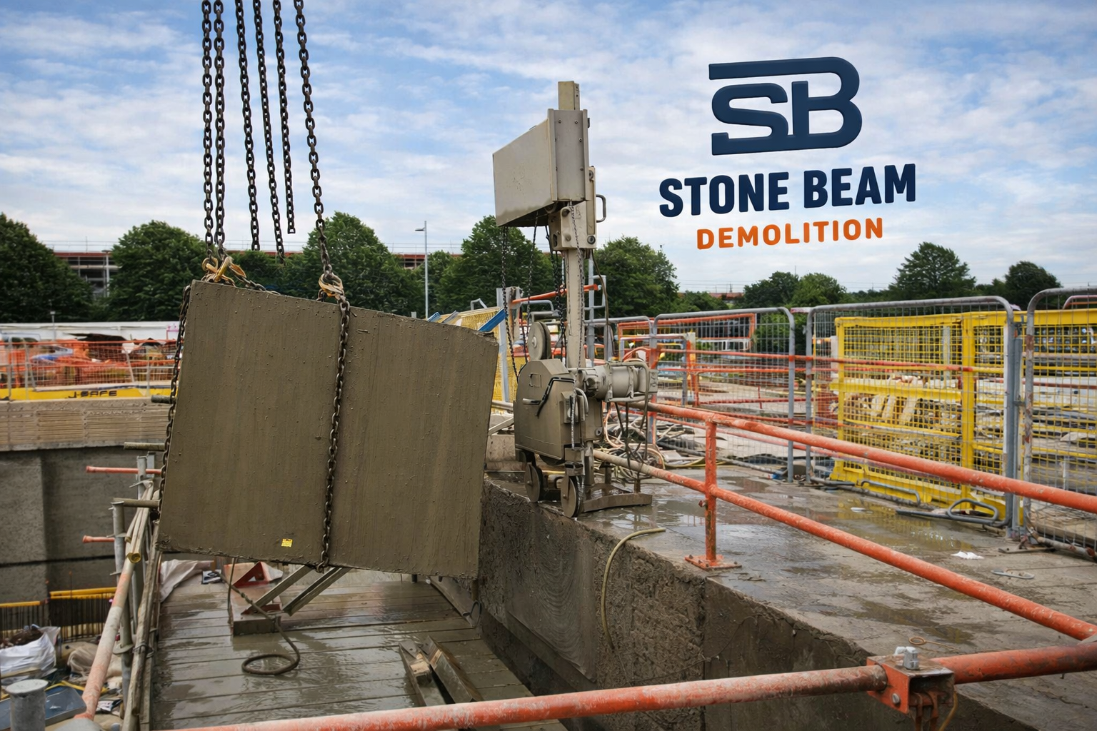 ويلر بيمز قص دقيق للخرسانة وإزالة منظمة للكتل باستخدام معدات متخصصة من قبل شركة ”ستون بيم ديموليشن“ في موقع البناء