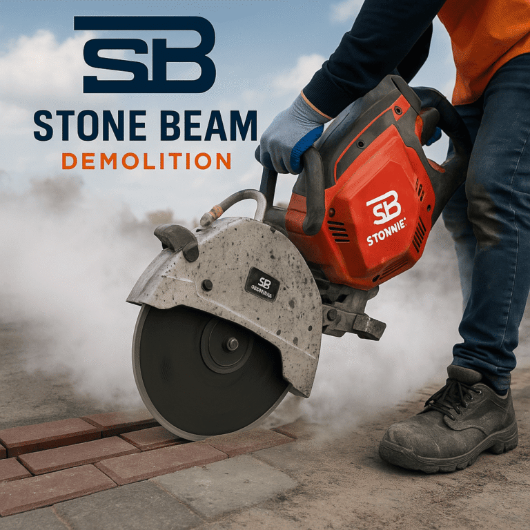 القص الجاف للخرسانة عامل يستخدم منشار خرسانة يدوي لقص الرصف أثناء أعمال شركة ”ستون بيم “