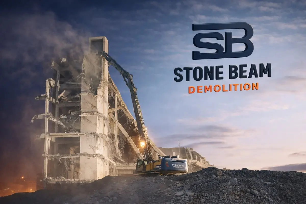 الصفحة الرئيسية حفارة ذات ذراع طويل تقوم بهدم مبنى خرساني شاهق الارتفاع بطريقة منظمة في موقع هدم صناعي.