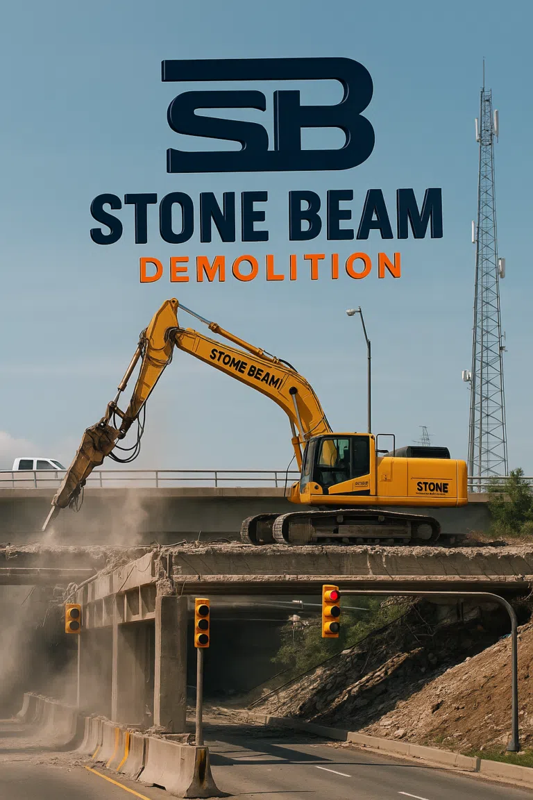 Bridge Demolition Stone Beam Demolition excavator demolishing concrete highway bridge during controlled demolition works