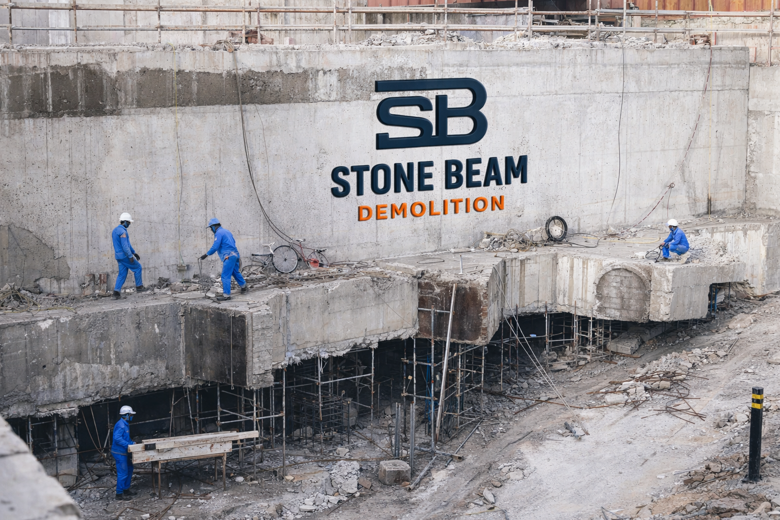 ويلر بيمز عمال ستون بيم يقومون بأعمال هدم واسعة النطاق للخرسانة في مبنى صناعي باستخدام تقنيات القطع والتفكيك الموجهة