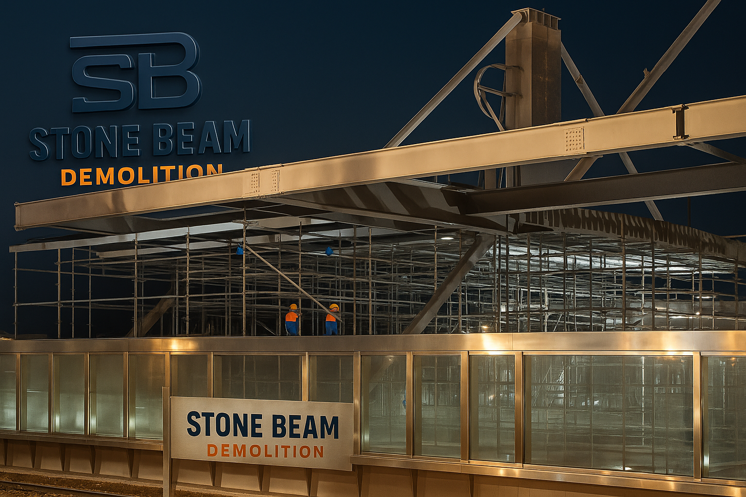 هدم الهياكل الفولاذية أعمال الهياكل الفولاذية لجسر ”نايت“ التي نفذتها ستون بيم ديموليشن باستخدام السقالات والإضاءة الآمنة