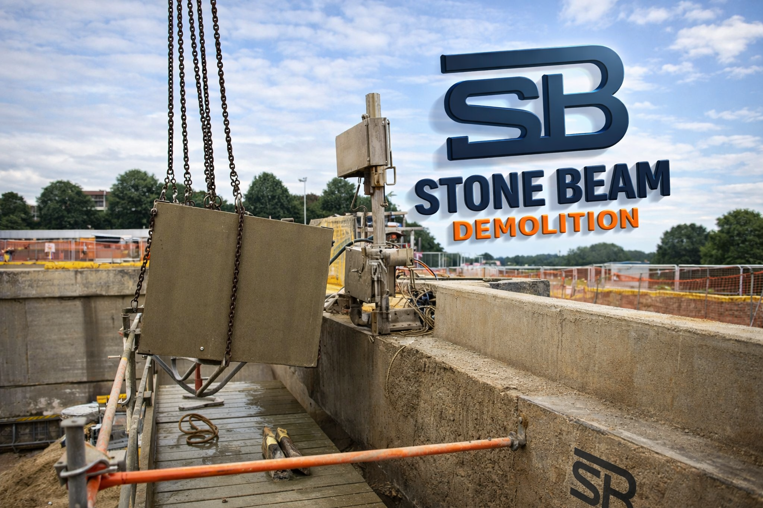 Stone Beam Demolition performing precision concrete cutting and lifting heavy concrete blocks using controlled demolition equipment on an infrastructure site
