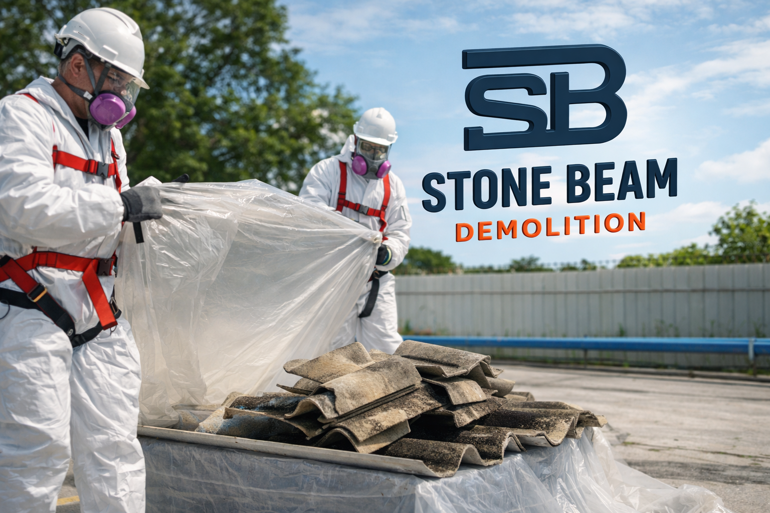 إزالة الأسبستوس فريق ستون بيم يتعامل مع مواد الأسقف المصنوعة من الأسبستوس ويقوم بتعبئتها بأمان باستخدام بدلات واقية وأقنعة