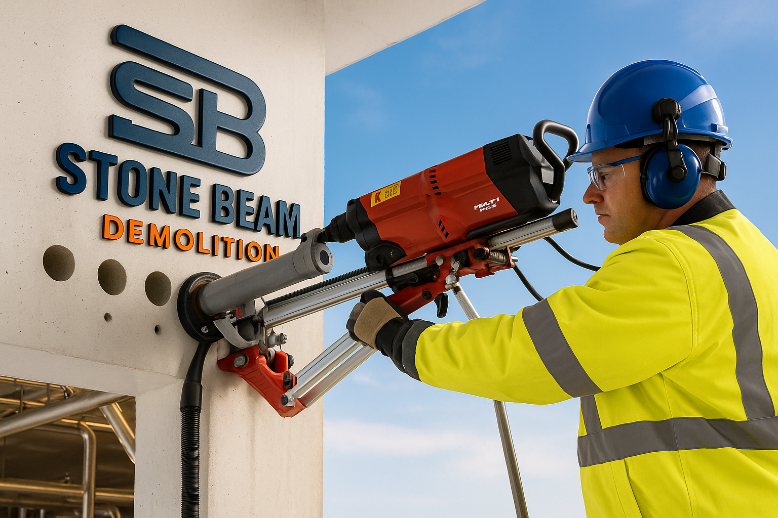 Stone Beam Demolition technician drilling vertical concrete column using professional core drilling equipment