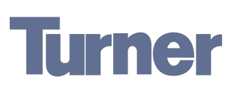 الصفحة الرئيسية شعار تيرنر كونستراكشن بخط أزرق غامق وصغير.