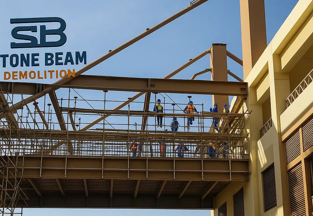 هدم الهياكل الفولاذية عمال يقومون بأعمال السقالات والهياكل الفولاذية للجسور على ارتفاعات عالية لصالح ستون بيم ديموليشن