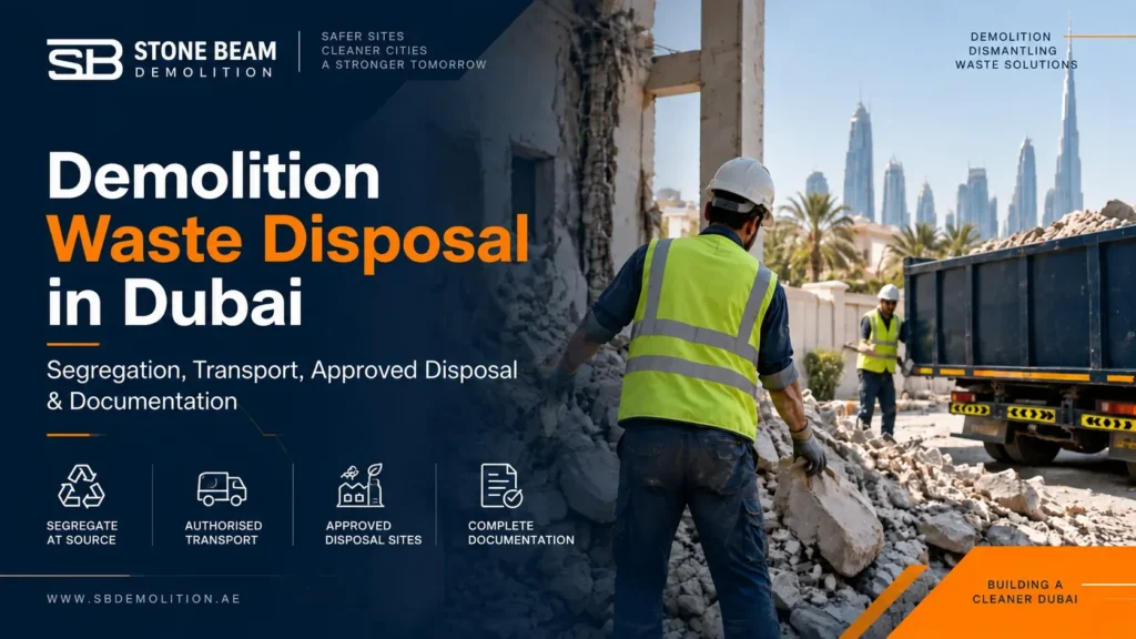Demolition waste disposal in Dubai showing demolition debris handling, loading, transport and approved disposal workflow