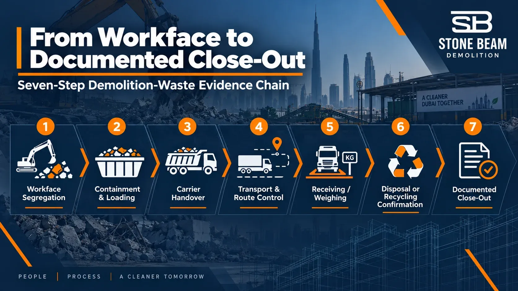 Demolition Waste Disposal in Dubai: Segregation, Transport, Approved Disposal & Documentation Seven-step demolition waste evidence chain from workface through documented close-out in Dubai