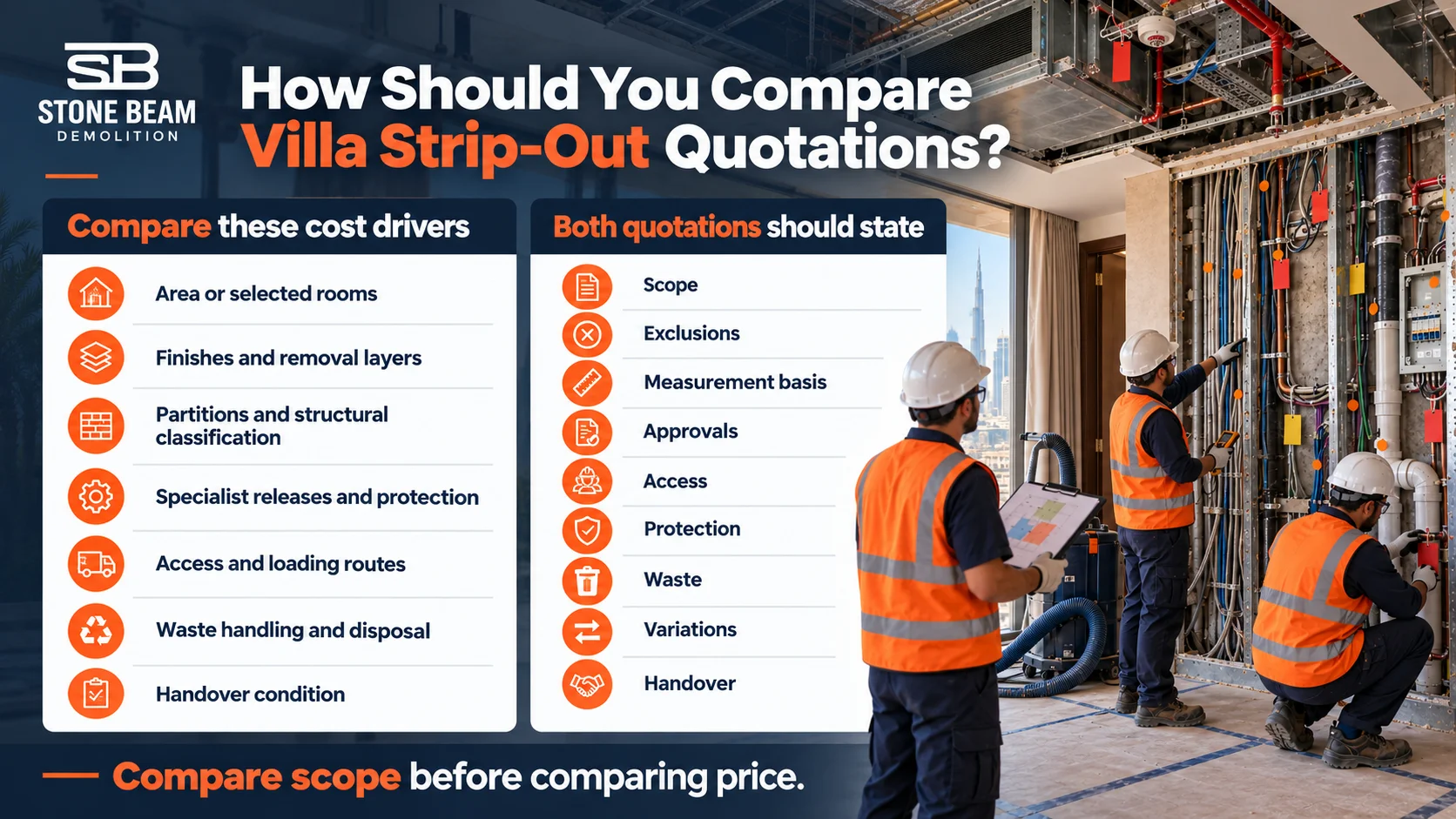 Villa strip-out quotation comparison in Dubai covering scope, exclusions, measurement, approvals, access, protection, waste and handover