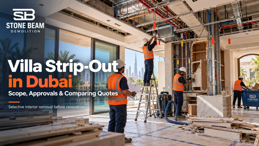 Villa strip-out in Dubai showing selective interior removal, exposed building services and controlled renovation preparation