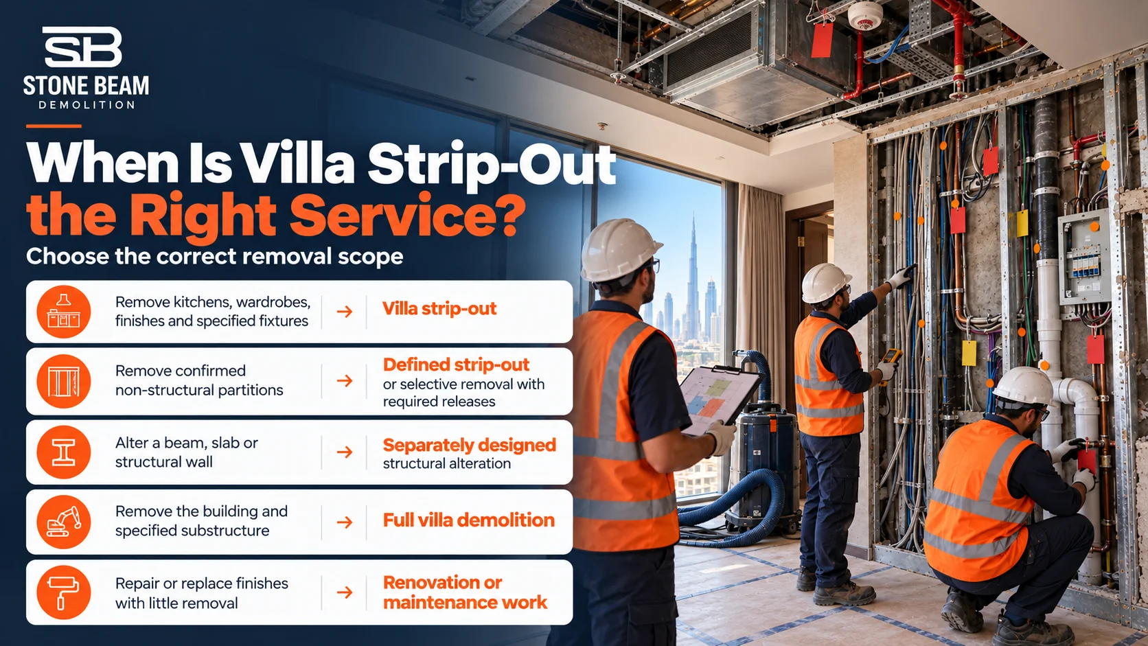 Villa strip-out decision guide comparing selective interior removal, structural alteration, full demolition and renovation work in Dubai