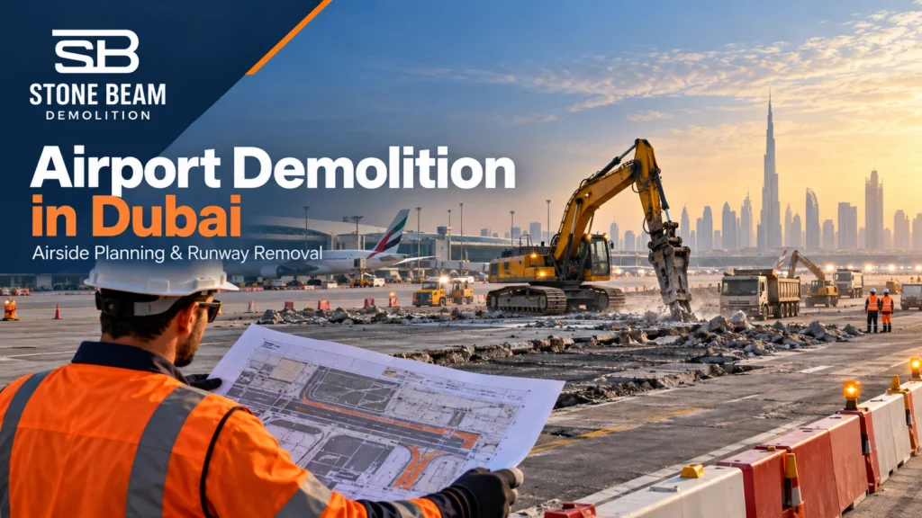Airport demolition in Dubai showing runway pavement removal and airside planning