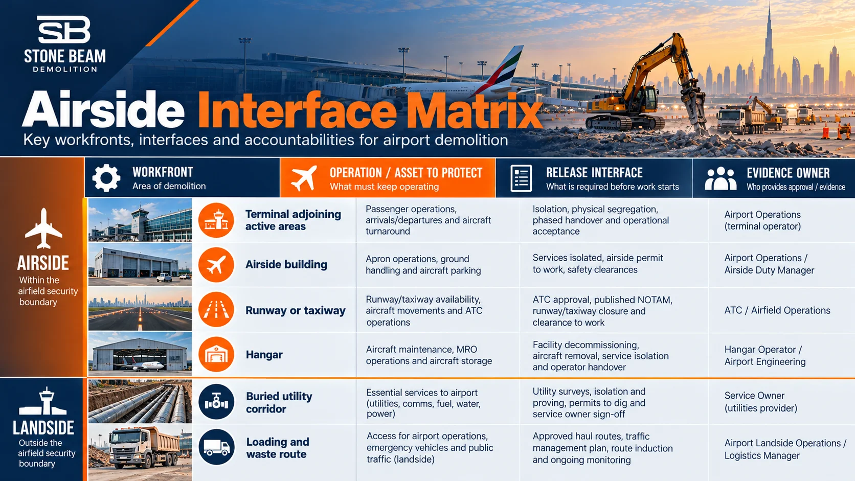 Airside interface matrix for airport demolition workfronts, protected operations, releases and evidence owners