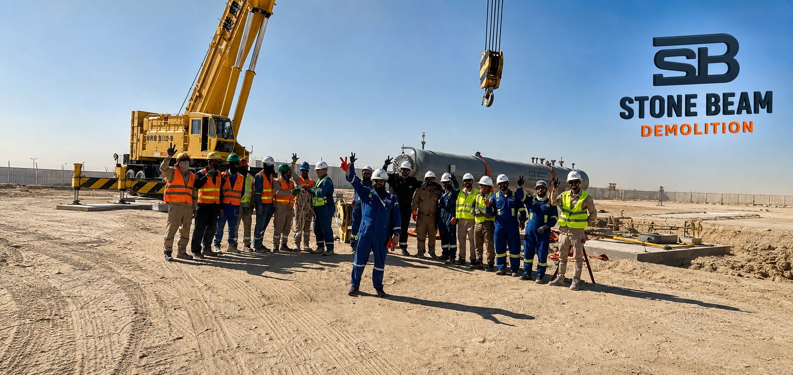 Tank demolition in Dubai showing controlled removal operations, industrial equipment and safe dismantling activities