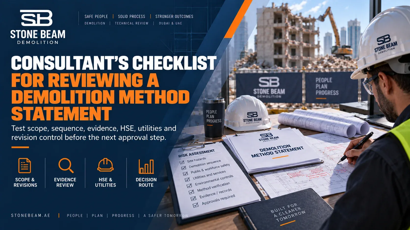 Stone Beam Demolition consultant reviewing a demolition method statement package with marked drawings, risk assessment, evidence checklist, utilities information, and revision control documents.