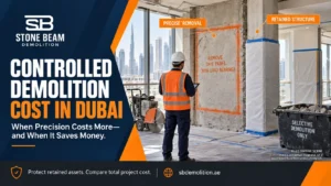 Illustrative controlled demolition scene showing a defined removal zone beside protected retained structure in Dubai.