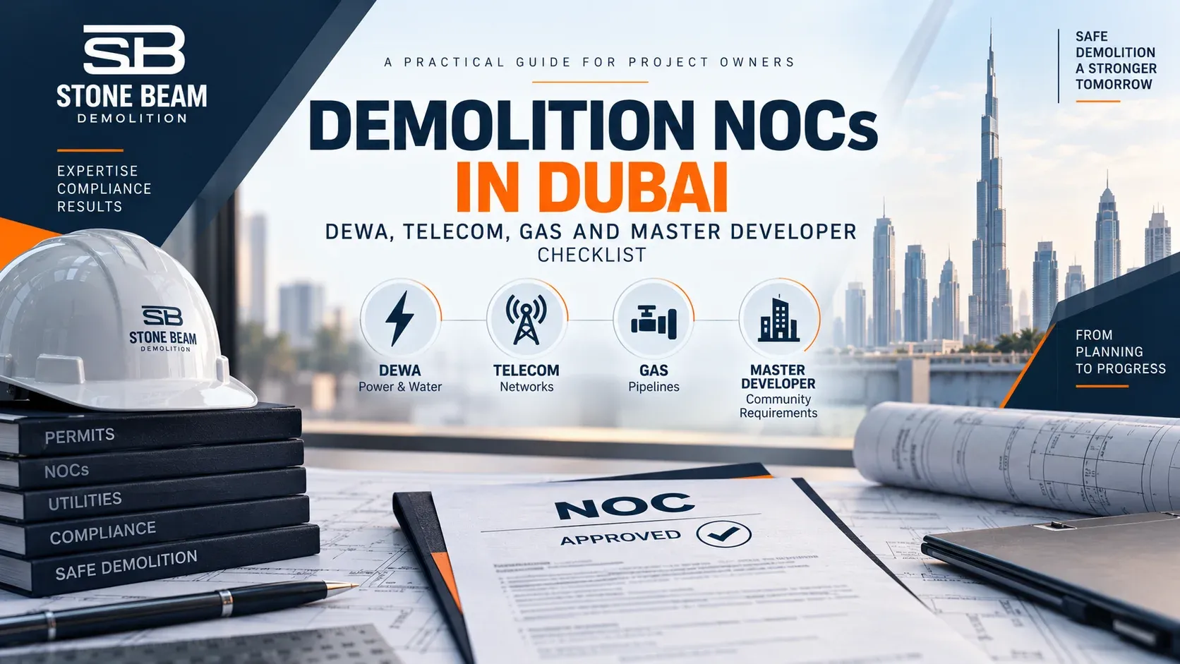 Dubai demolition NOC checklist showing utility, telecom, pipeline and master-developer clearance layers