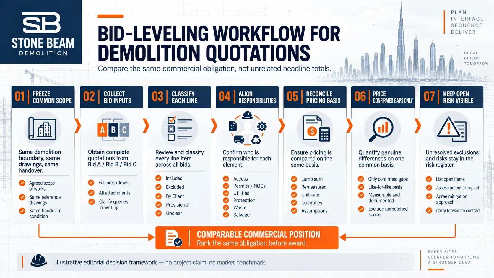 How to Compare Demolition Quotations in Dubai: Scope Normalisation, Exclusions & Commercial Risk Demolition quotation bid-leveling workflow from common scope to open commercial risk