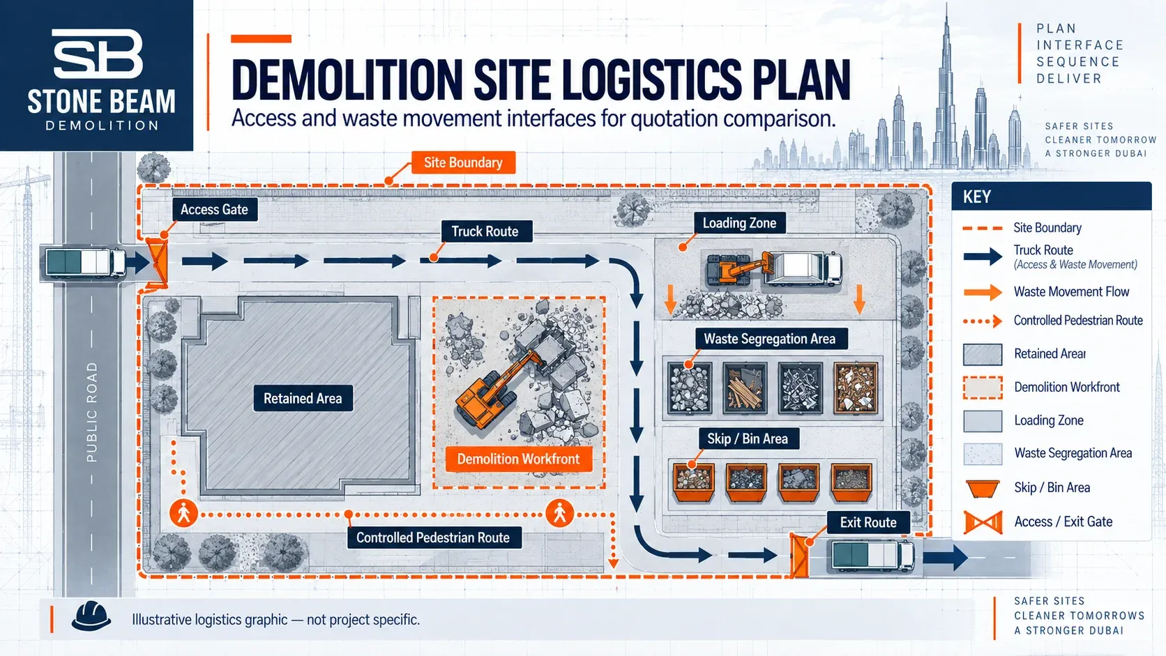 How to Compare Demolition Quotations in Dubai: Scope Normalisation, Exclusions & Commercial Risk Demolition Site Logistics Plan – Access & Waste Movement Interfaces