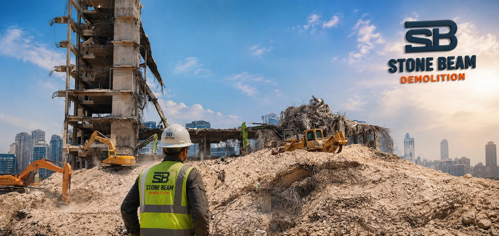 High-Rise Demolition in Dubai With Controlled Removal Works High-rise demolition in Dubai showing controlled removal works, demolition equipment and structured building dismantling activities