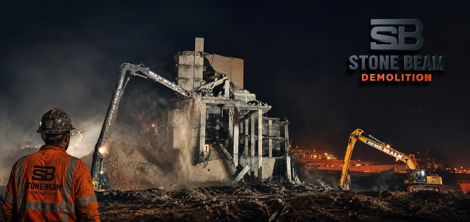 High-rise demolition in Dubai showing controlled structural dismantling, heavy equipment operation and organised building removal works