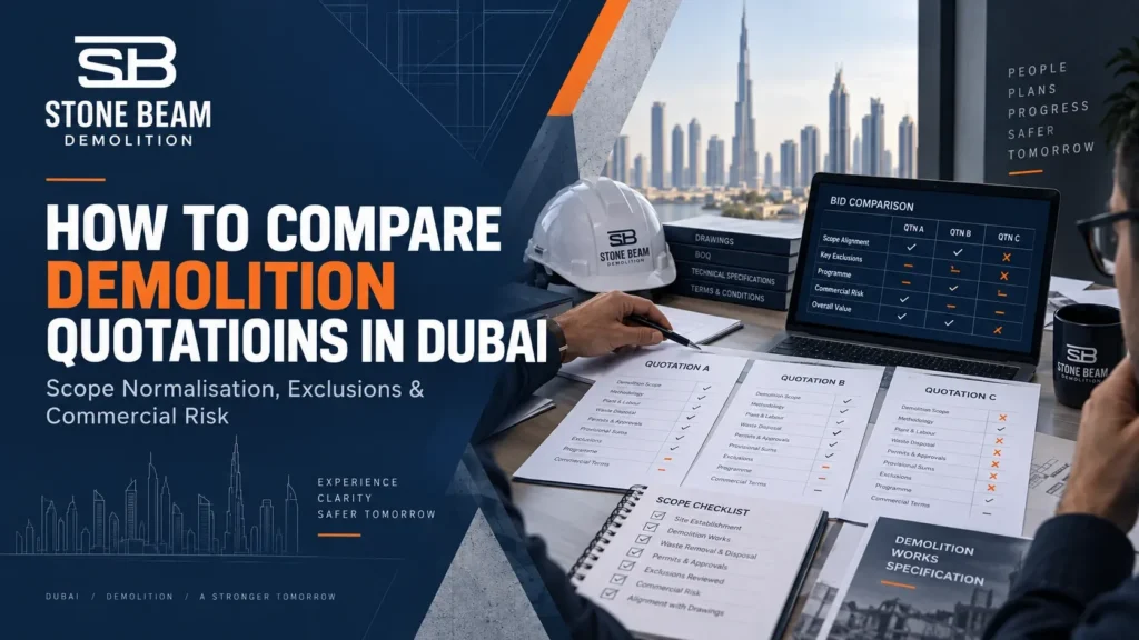 Comparing demolition quotations in Dubai by scope, exclusions, responsibilities and commercial risk