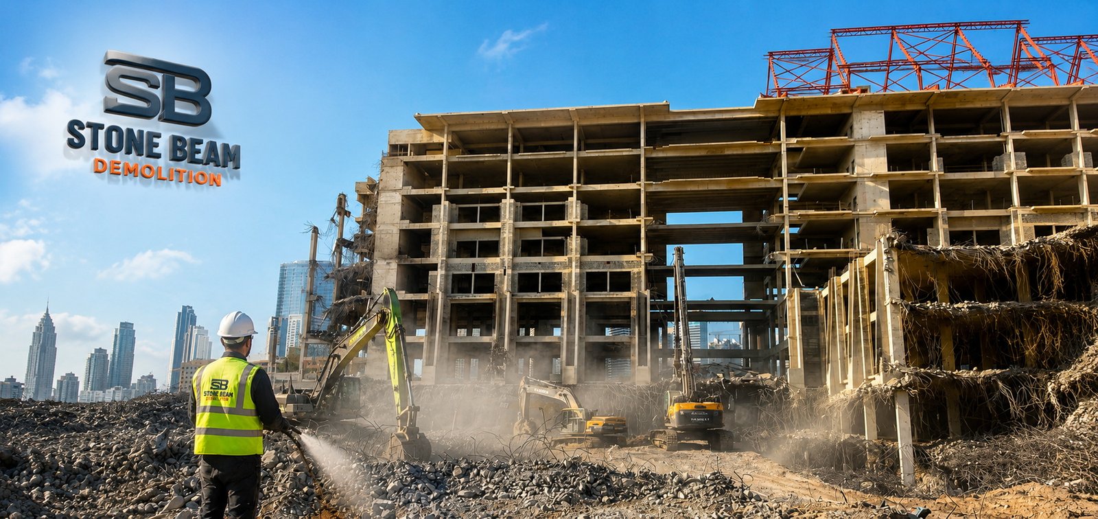 Infrastructure Demolition in Dubai With Controlled Structural Dismantling Infrastructure demolition in Dubai showing controlled structural dismantling, demolition equipment and organised site operations